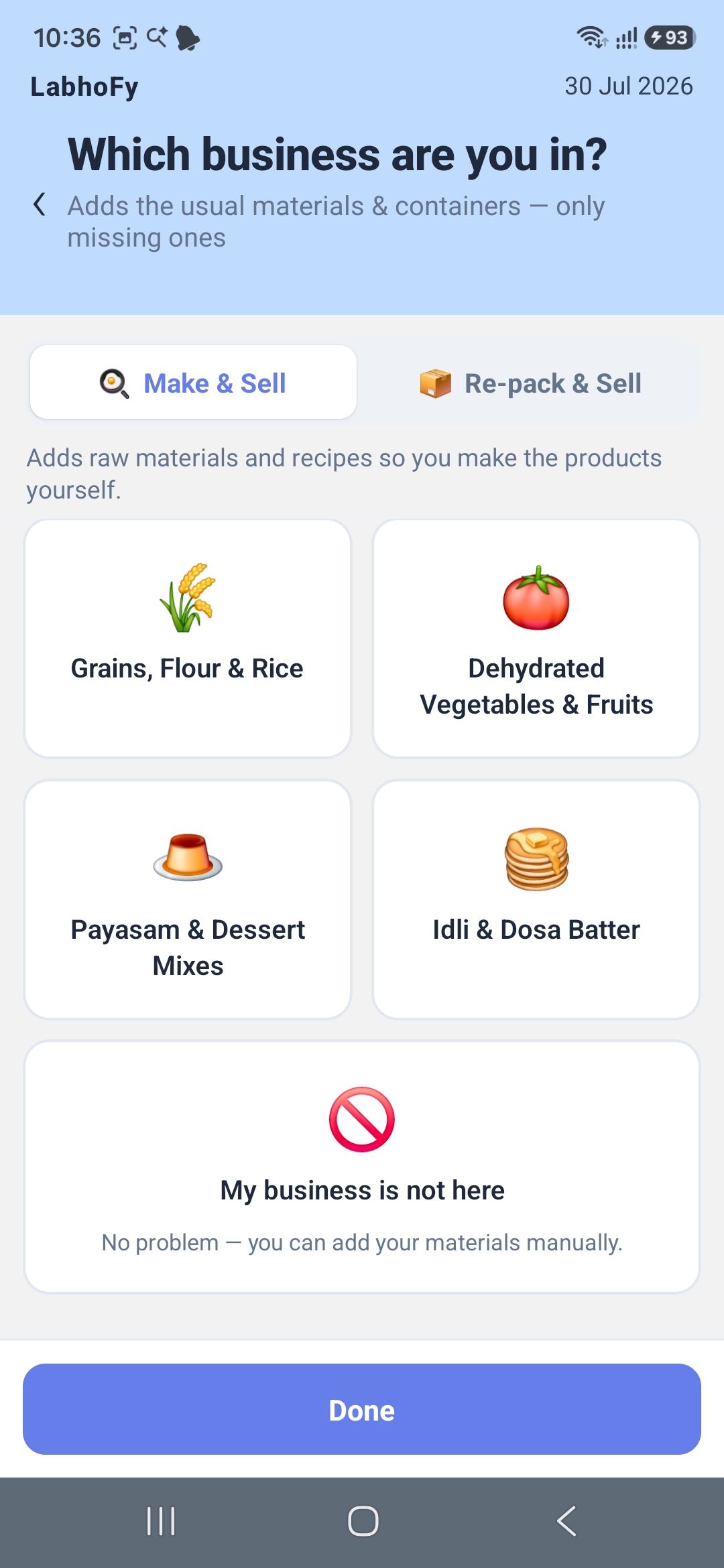 LābhoFy business types including grains, dehydrated produce, payasam mixes and idli-dosa batter