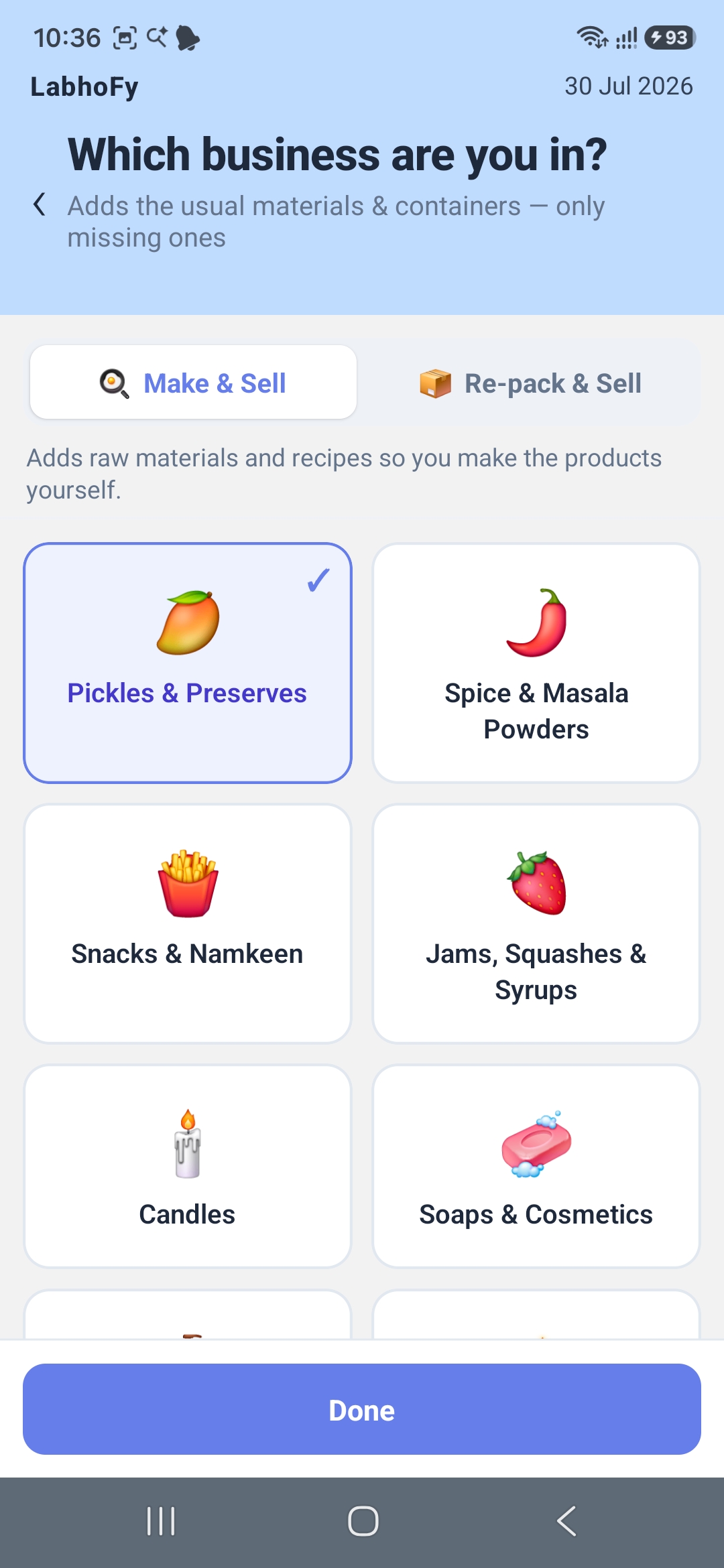 LābhoFy business setup — pick your trade and choose Make & Sell or Re-pack & Sell