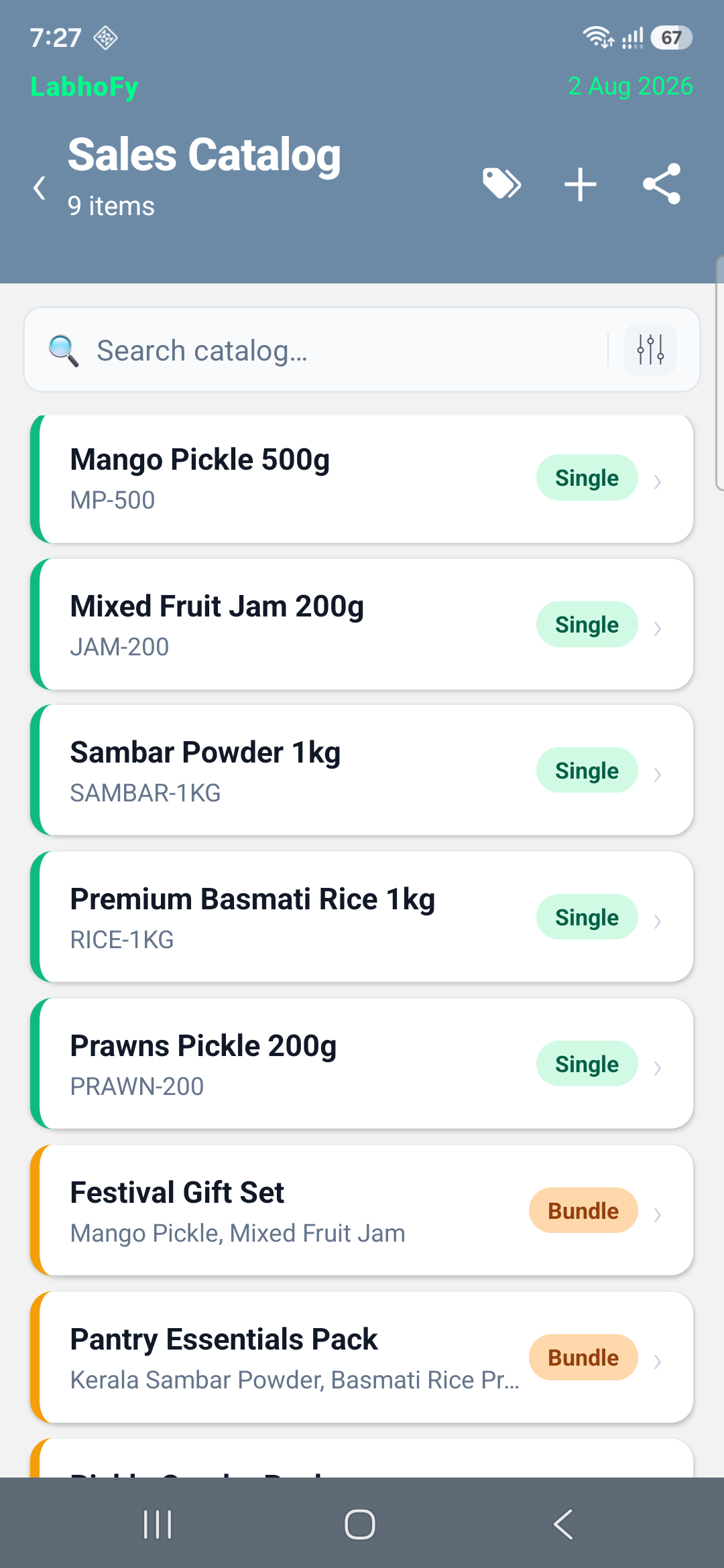 LābhoFy Sales Catalog listing single products and combo bundles