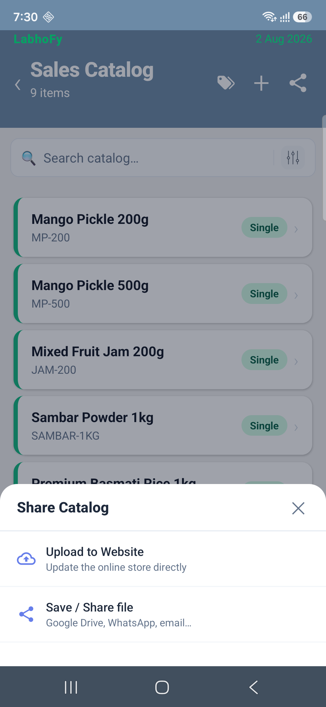 LābhoFy Share Catalog menu — Upload to Website or Save / Share file