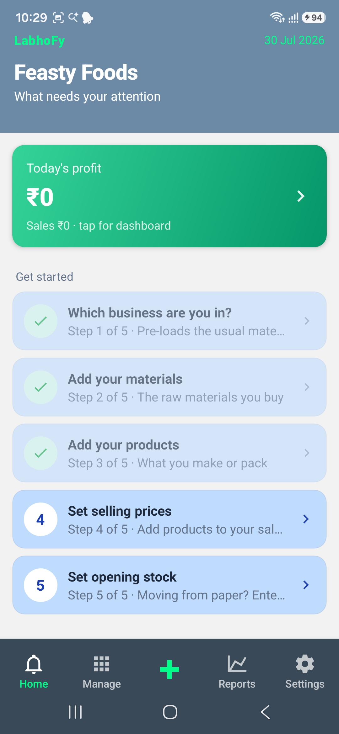 LābhoFy Home hub showing today's profit and a checklist of what needs attention