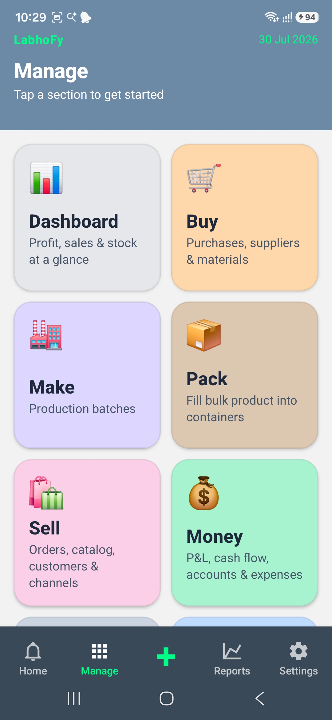LābhoFy Manage screen with Dashboard, Buy, Make, Pack, Sell and Money sections