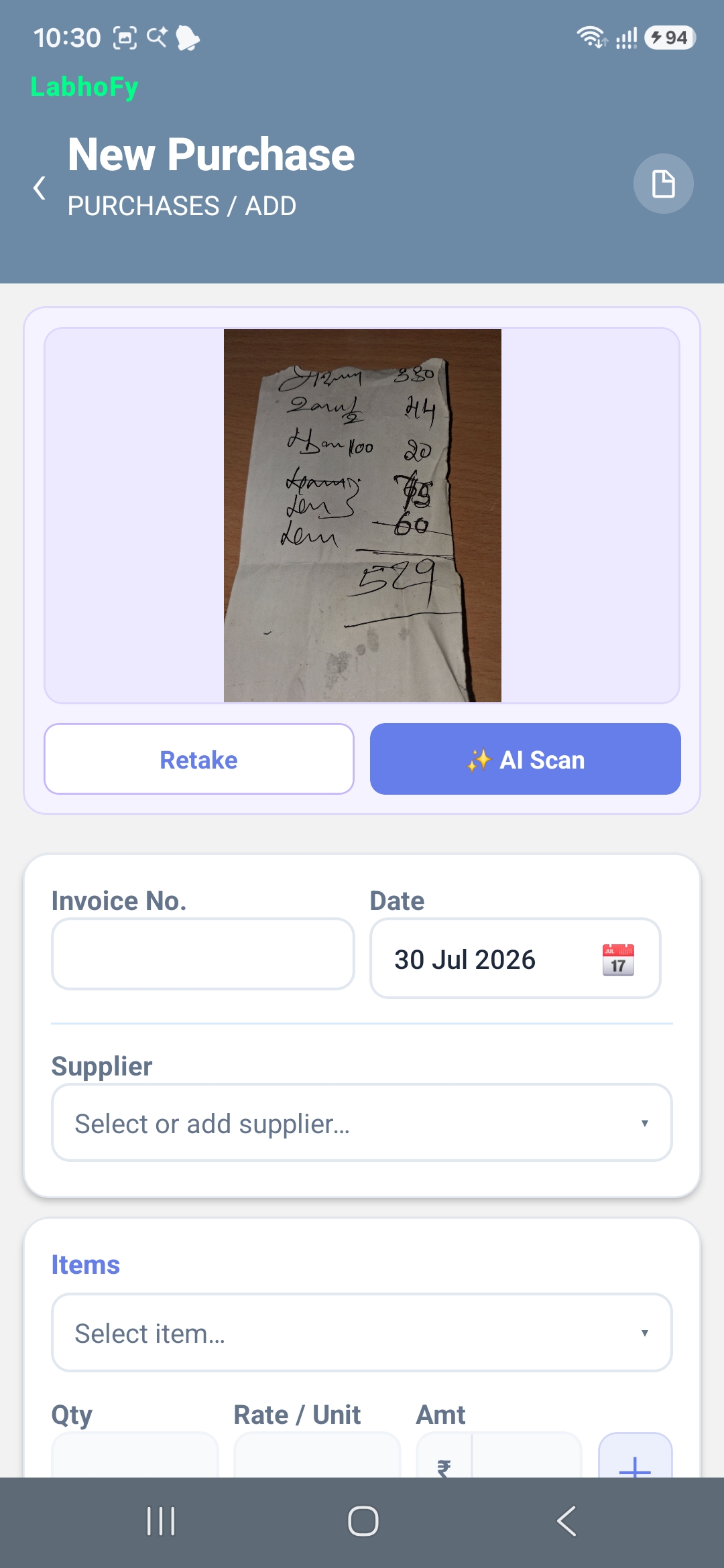 LābhoFy New Purchase — photograph the supplier bill and tap AI Scan