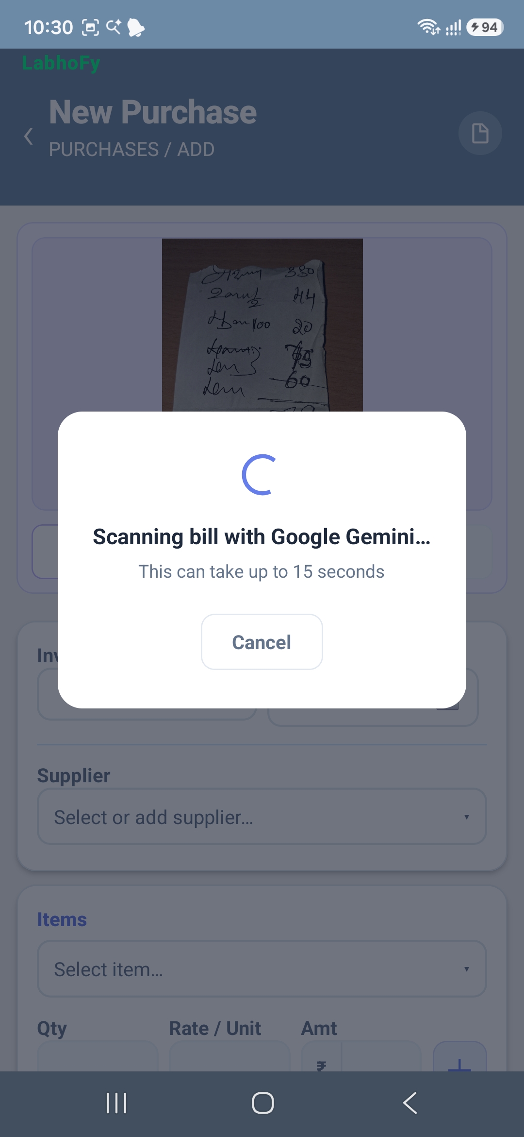 LābhoFy scanning the bill with AI